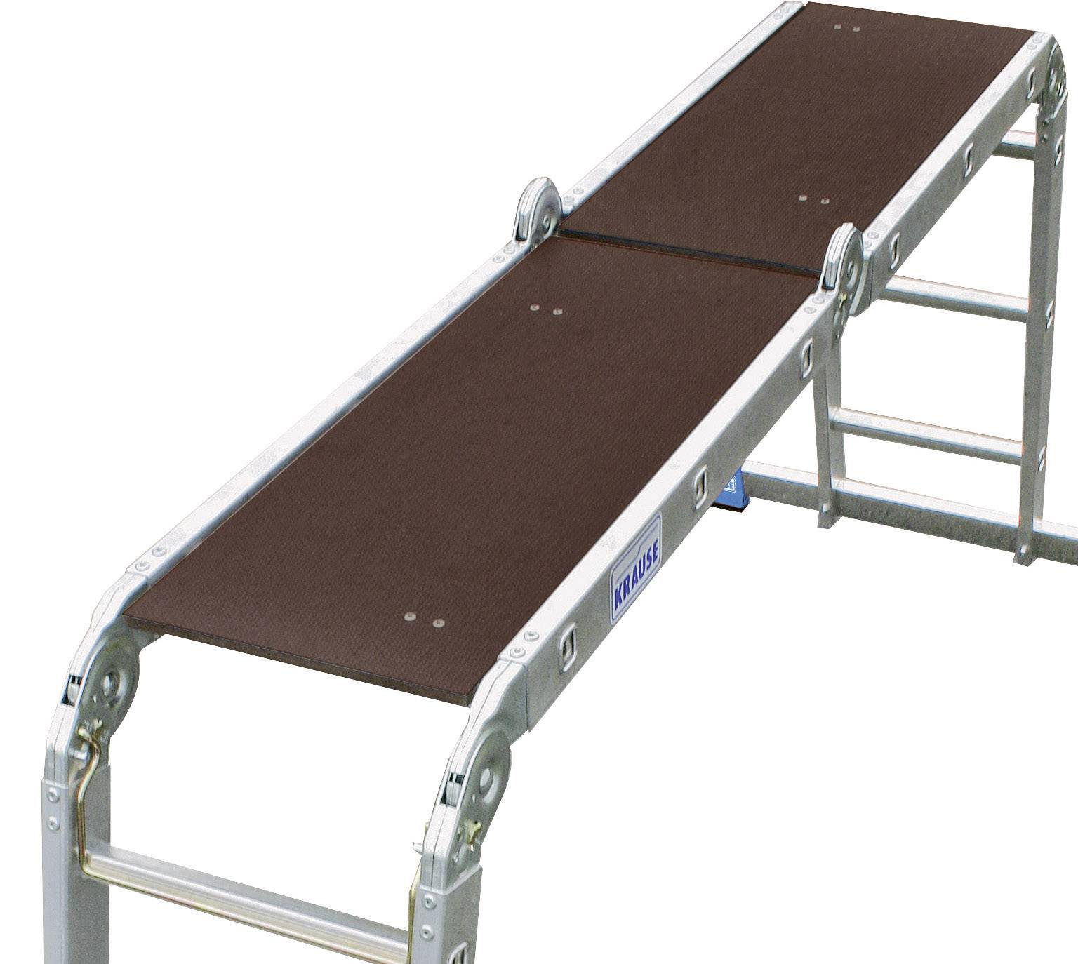 Eine Metalltreppe mit braunen Stufen, die als Tragfläche dient, möglicherweise für Bau- oder Heimwerkerarbeiten geeignet.