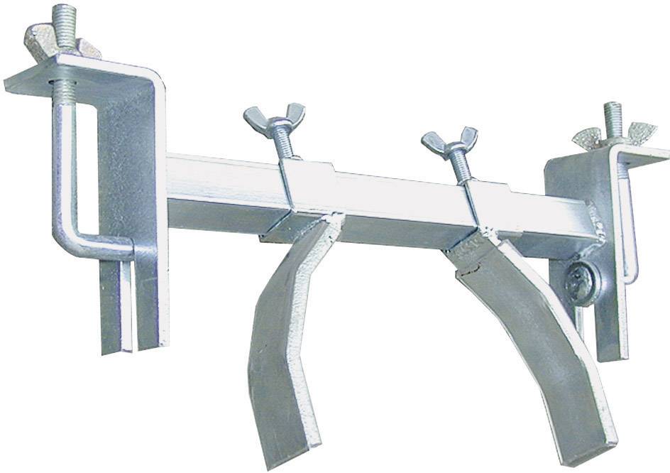 Metallträger mit verstellbaren Klammern und Schrauben, zur Befestigung und Stabilisierung von Objekten.