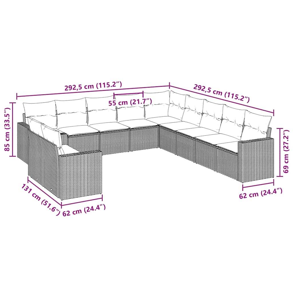 vidaXL 11-tlg. Garten-Sofagarnitur mit Kissen Schwarz Poly Rattan