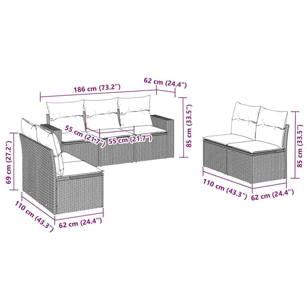 vidaXL 7-tlg. Garten-Sofagarnitur mit Kissen Braun Poly Rattan