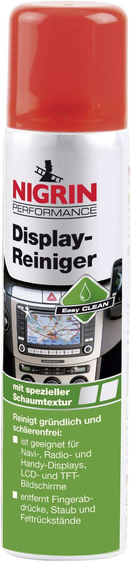 'Display-Reiniger' Spraydose von Nigrin, zeigt Anwendung auf Navigationsgerät im Auto. Gründlich, schmierfrei, geeignet für alle Display-Typen.