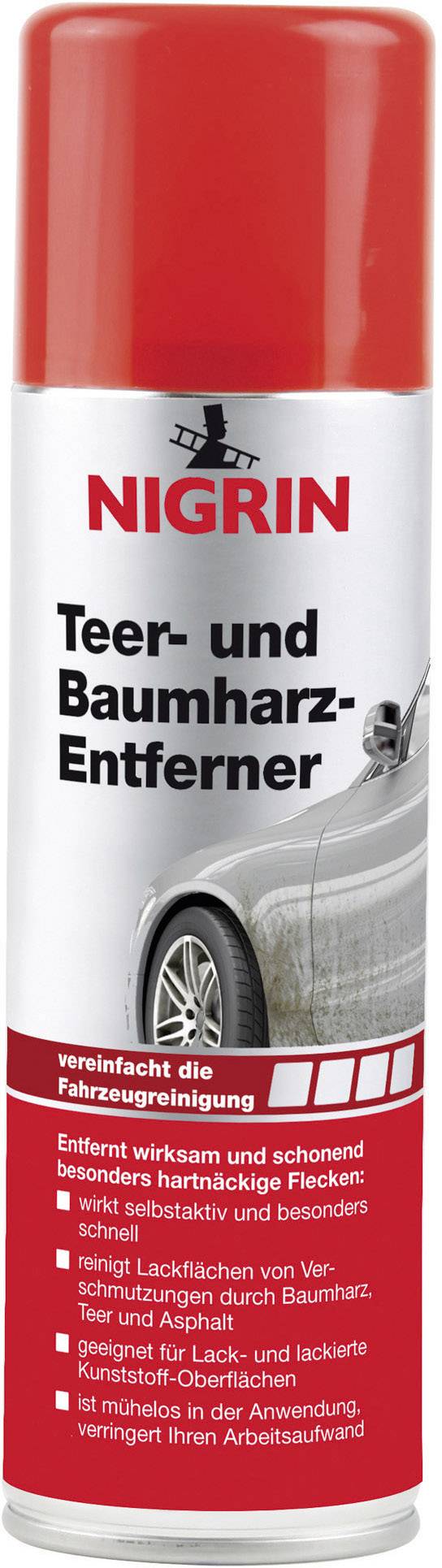 Rote Sprühdose mit weißem Etikett der Marke Nigrin. Text: 'Teer- und Baumharz-Entferner'. Darunter ein Auto und Hinweise zur Anwendung.