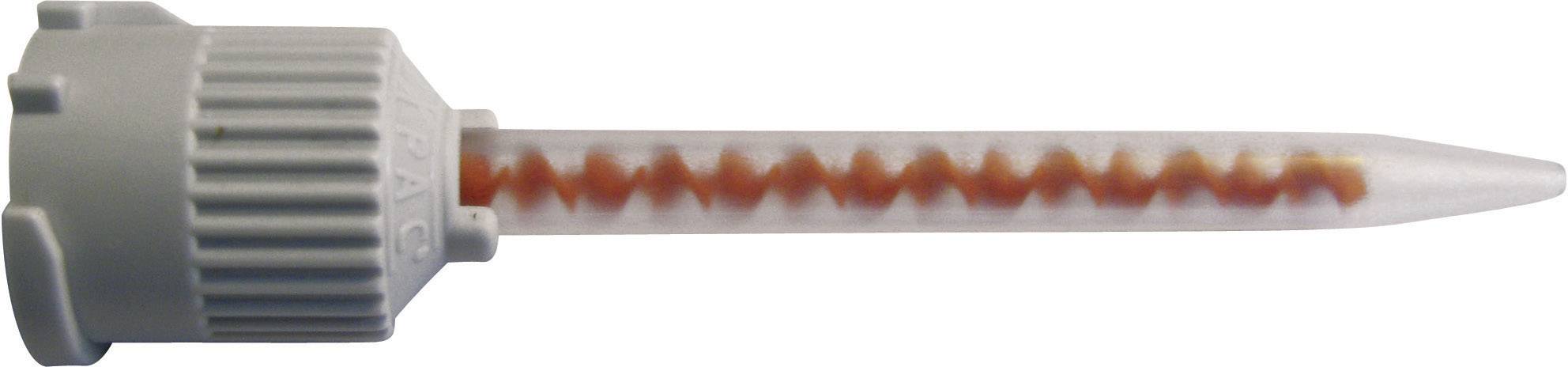 Ein grauer statischer Mischer mit roter spiralförmiger Innenstruktur zur gleichmäßigen Vermischung von Zweikomponenten-Klebstoffen.