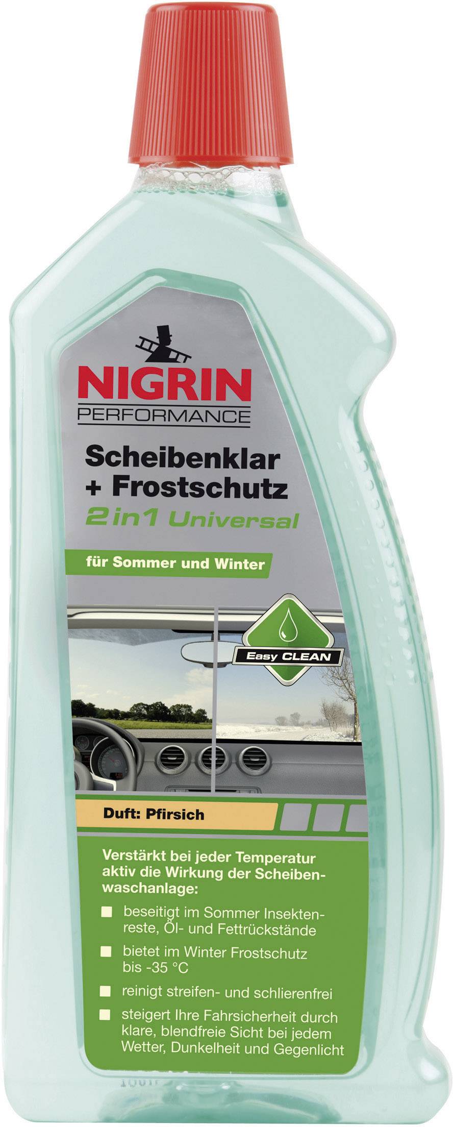 Scheibenreinigerflasche mit der Aufschrift 'Nigrin Performance Scheibenklar + Frostschutz 2in1 Universal'. Enthält Pfirsichduft und ist für Sommer und Winter geeignet.