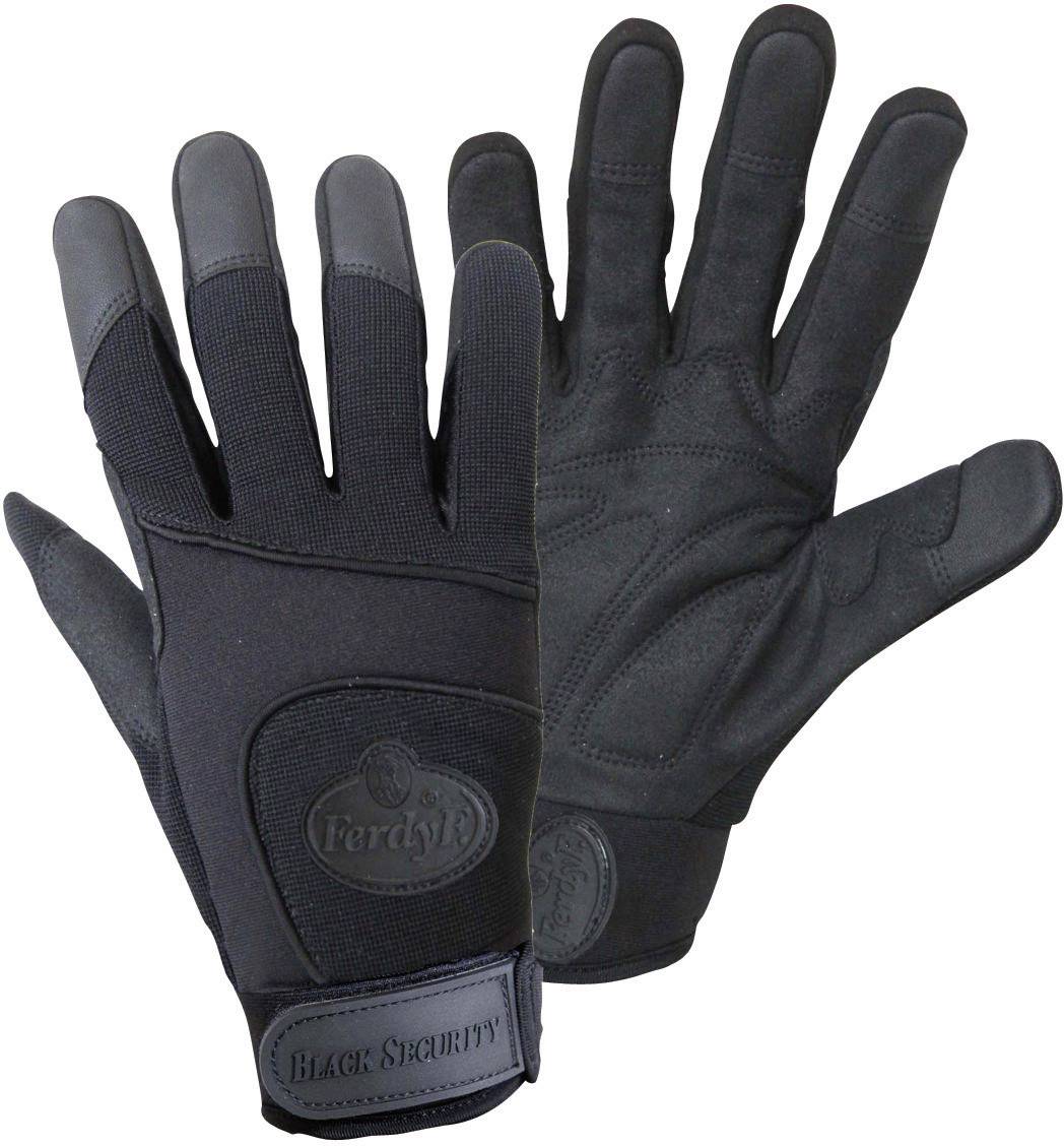 Schwarze Sicherheitshandschuhe aus Stoff mit gummierten Fingerspitzen; bieten Schutz und sicheren Griff.