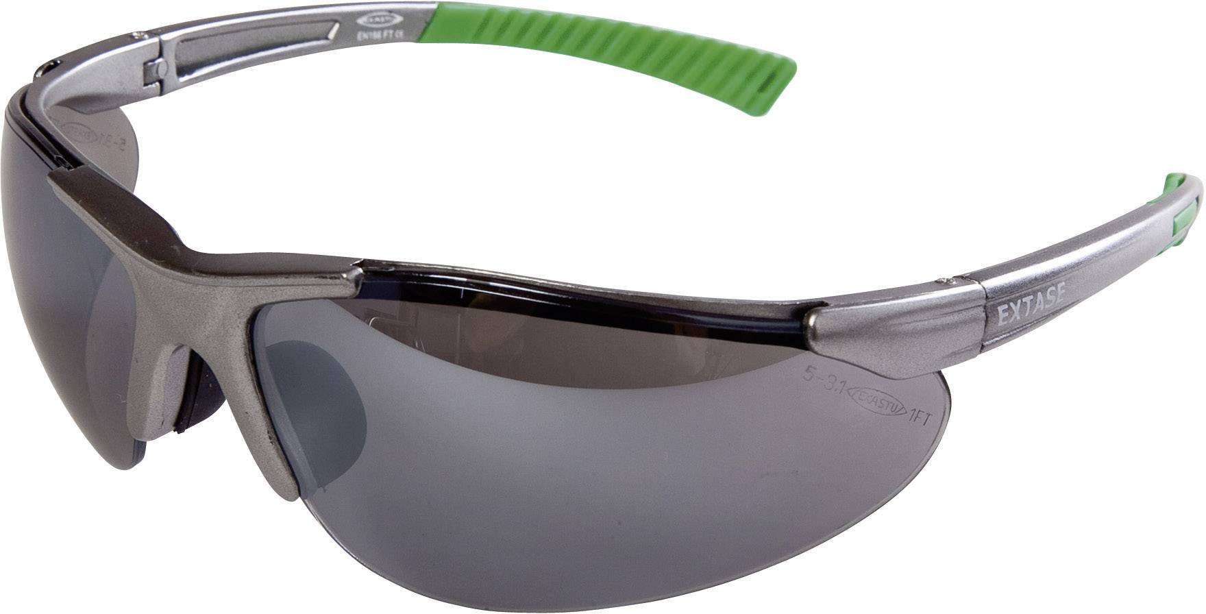 Graue Sonnenbrille mit grünen Bügelenden, futuristisches Design, Spiegellinsen, geeignet für sportliche Aktivitäten im Freien.