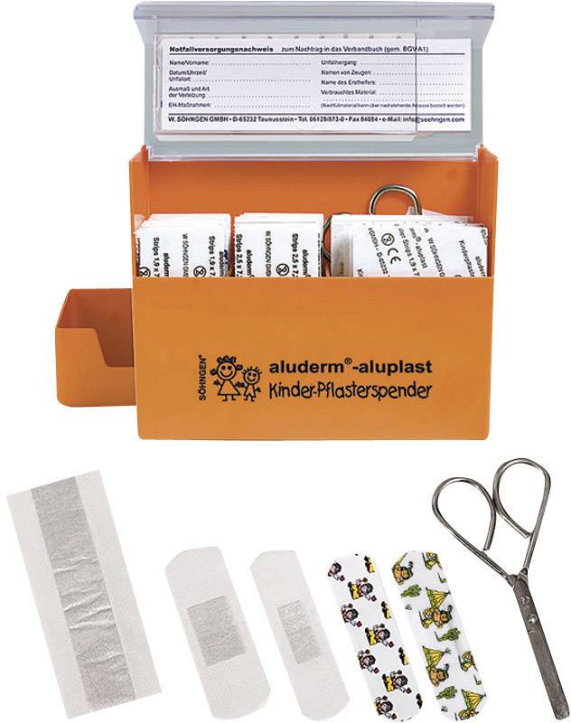 Orangener Kinder-Pflasterspender mit Pflasterstreifen in verschiedenen Größen und Mustern. Beiliegend eine Schere.