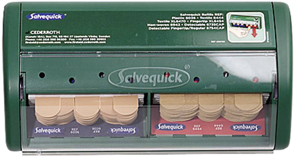 Grüner Salvequick Pflasterspender mit verschiedenen Pflastersorten sichtbar. Oben Beschreibung: Nachfüllungen und Inhaltsinformationen.