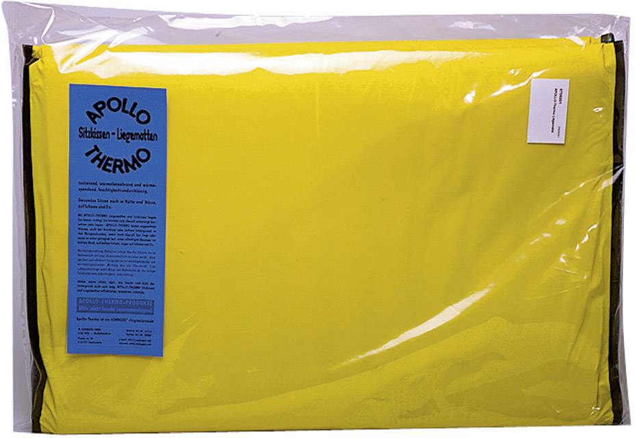 Gelbe Isomatte namens 'Apollo Thermo', verpackt in einer transparenten Plastikfolie mit blauem Etikett und Produktinformationen.