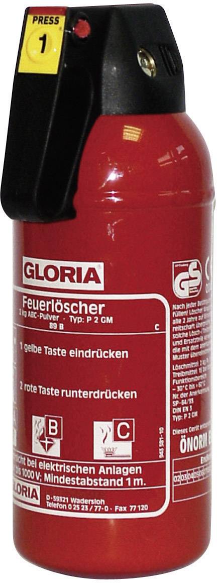 Ein roter Feuerlöscher mit schwarzem Griff. Aufschrift: 'GLORIA Feuerlöscher'. Anweisungen zur Bedienung in weißem Text.