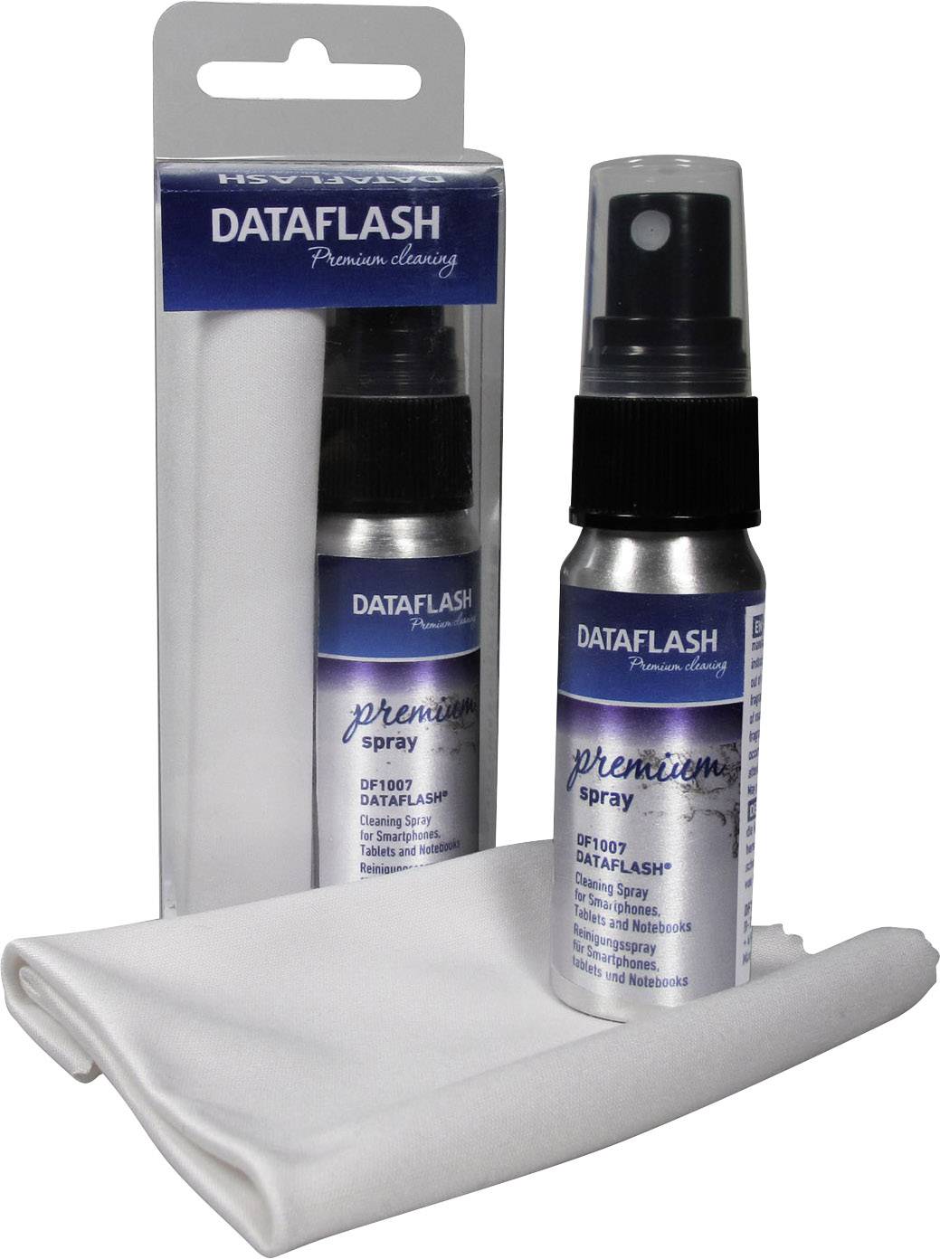 Reinigungsset für Bildschirme mit einem Spray und einem weißen Reinigungstuch. Verpackung mit der Aufschrift 'Dataflash Premium Cleaning'.