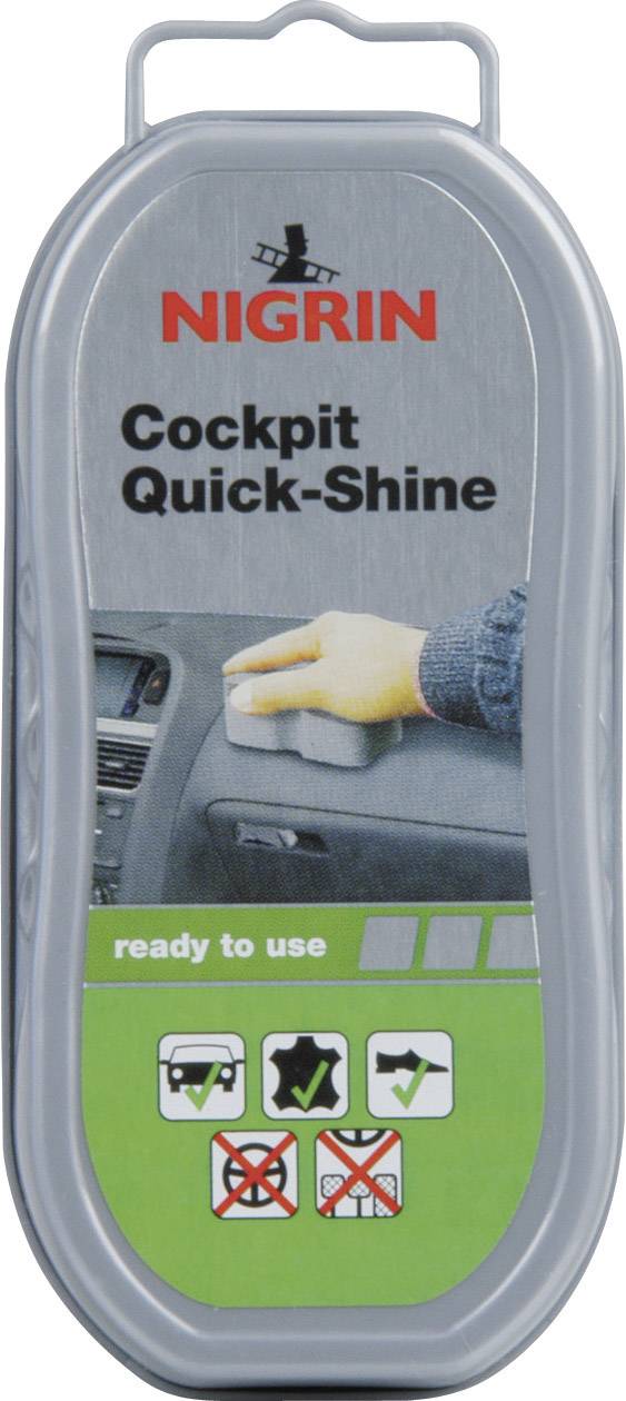 Verpackung mit 'Nigrin Cockpit Quick-Shine', zeigt Reinigung eines Armaturenbretts. Einsatzbereit, geeignet für Kunststoffoberflächen.