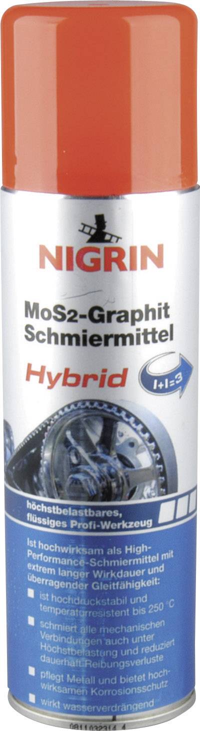 'Rote Sprühdose von Nigrin mit der Aufschrift: MoS2-Graphit Schmiermittel Hybrid'. Enthält Abbildung eines Zahnrads.