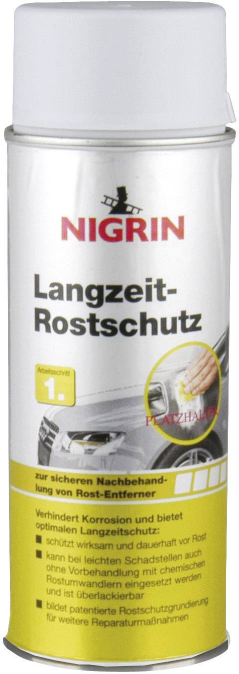 Dose eines Langzeit-Rostschutzmittels 'Nigrin', geeignet für Nachbehandlungen nach Rostentfernung. Ideal zur Fahrzeugpflege.