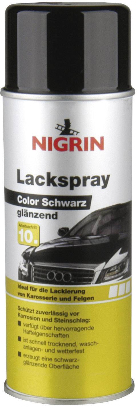 Sprühdose Nigrin Lackspray Color Schwarz glänzend, ideal für Lackierung von Karosserie und Felgen, schützt vor Korrosion.