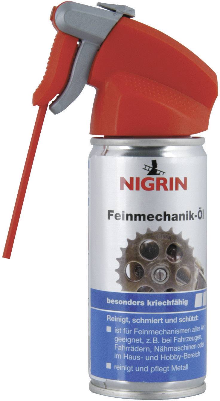 Sprühdose mit rotem Aufsatz, Markenname 'NIGRIN'. Beschriftung sagt, dass es für Feinmechanismen wie Fahrräder und Nähmaschinen geeignet ist.