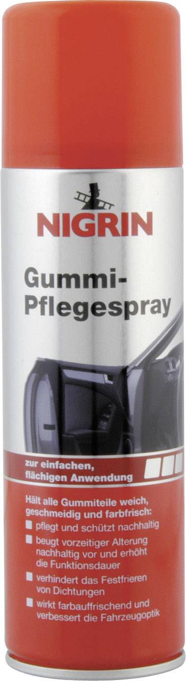 Sprühdose mit Nigrin Gummi-Pflegespray. Verbessert die Funktion von Türdichtungen und schützt vor Austrocknung und Einfrieren.