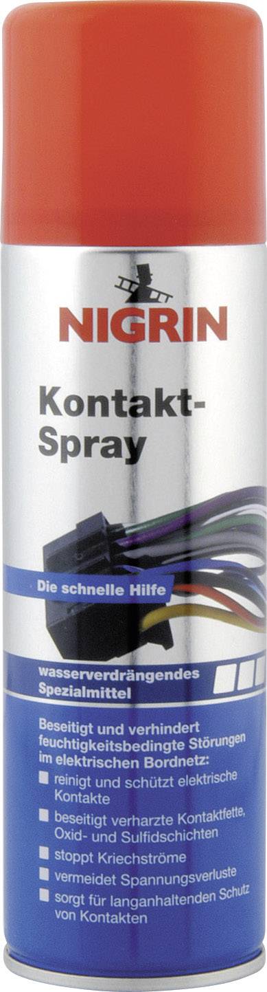 Rote Spraydose mit der Aufschrift 'NIGRIN Kontakt-Spray'. Zur Behandlung und Vorbeugung feuchtigkeitsbedingter Störungen in elektrischen Systemen.