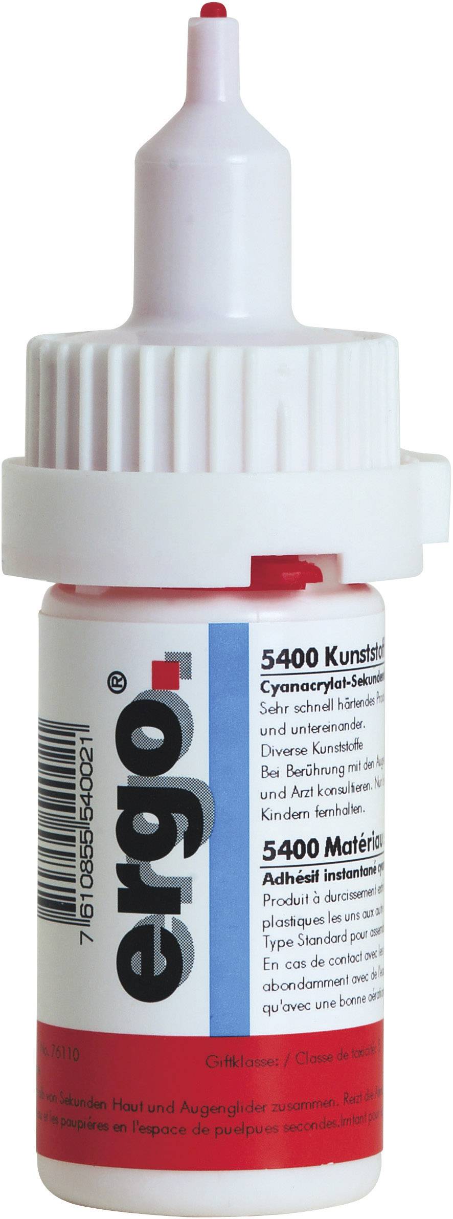 Kleine Flasche mit der Aufschrift 'ergo'. Enthält 5400 Kunststoffkleber. Produktbeschreibung und Warnhinweise auf dem Etikett.