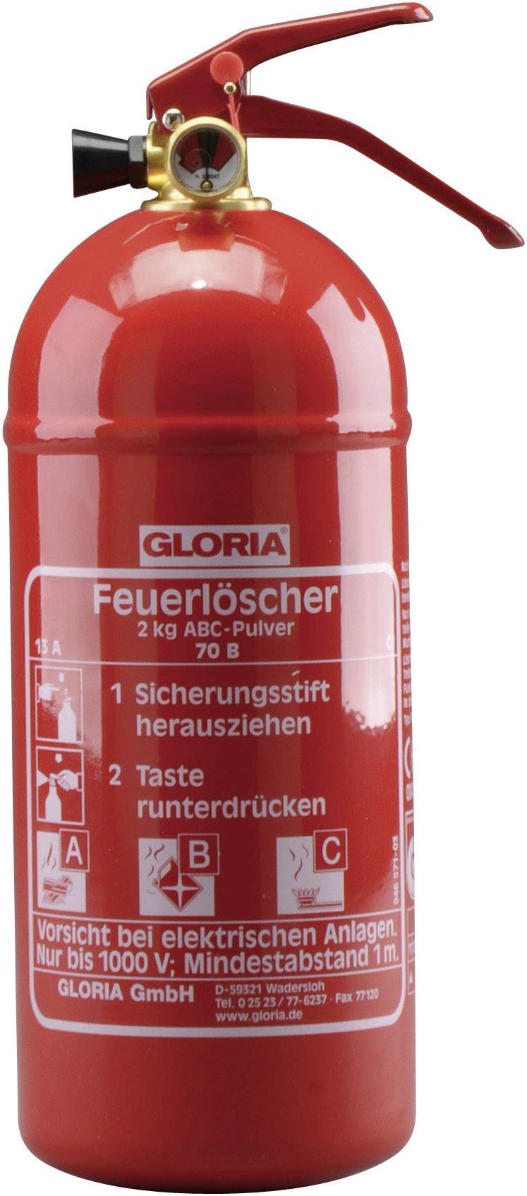 Gloria PD2GAM Pulverfeuerlöscher mit Manometer 2kg Brandklasse: A, B, C Inhalt 1St.