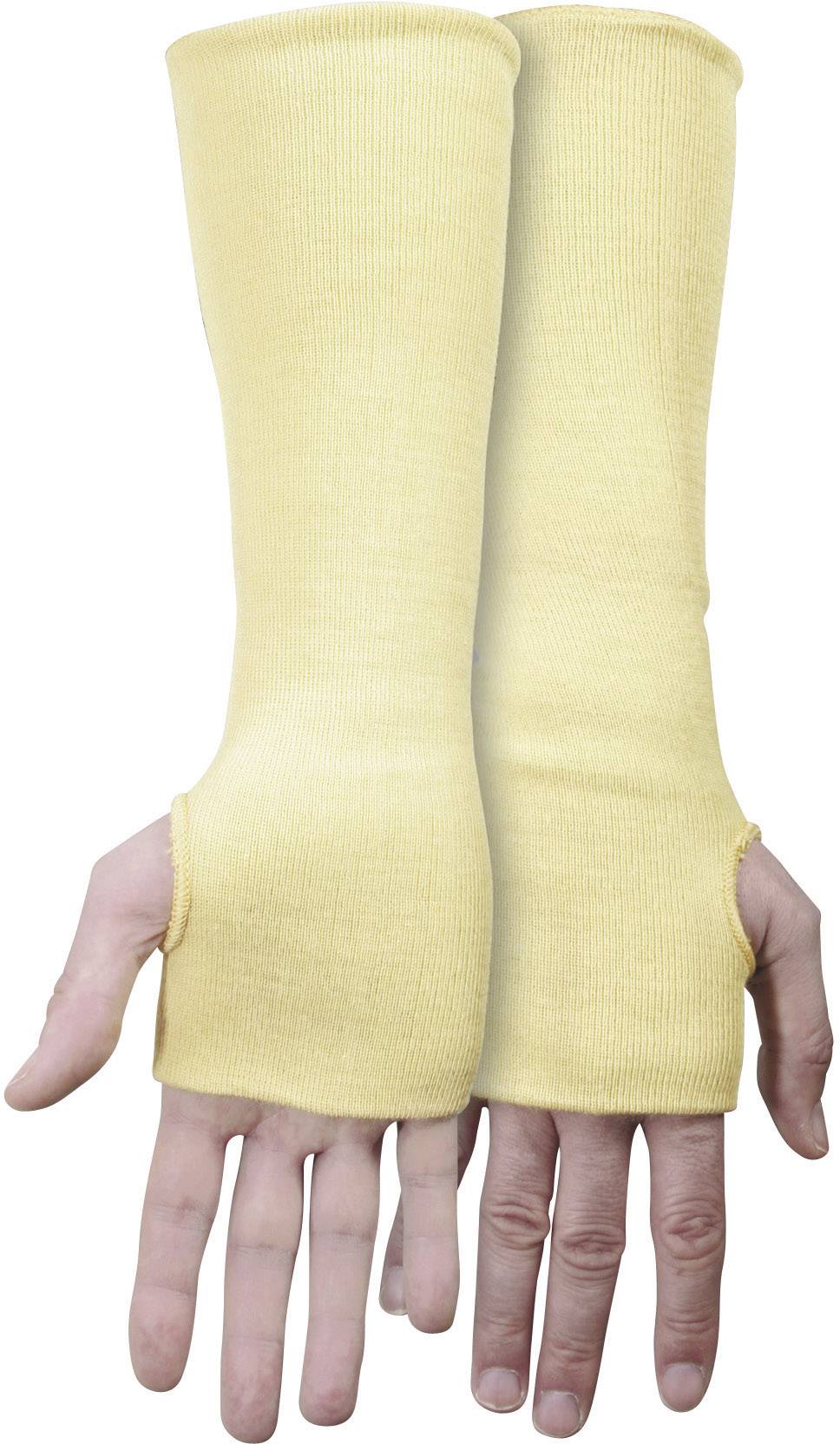 Gelbe Armschützer aus Stoff, die bis zu den Handgelenken reichen und Daumenlöcher haben. Hände zeigen nach unten.