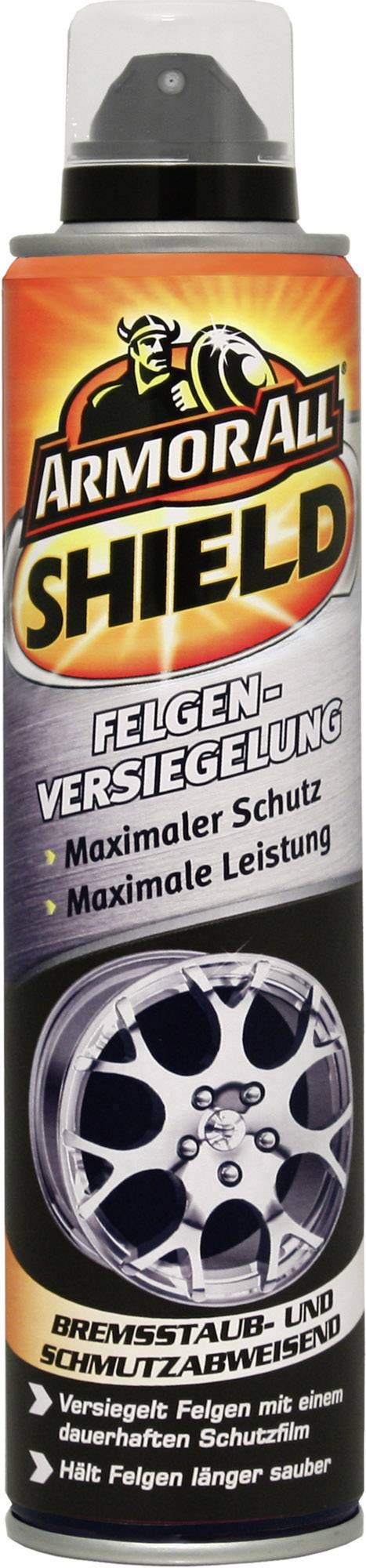 Eine Spraydose mit der Aufschrift 'Armor All Shield, Felgenversiegelung'. Verspricht maximalen Schutz und Leistung für Felgen.