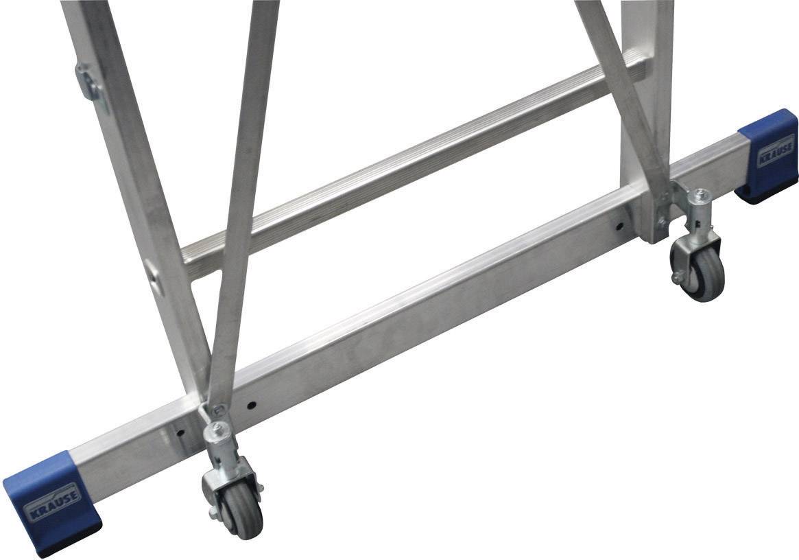 Ein verstellbares Aluminiumleiterteil mit zwei Rädern und blauen Kunststoffkappen, vermutlich zur Stabilisierung und einfachen Bewegung.