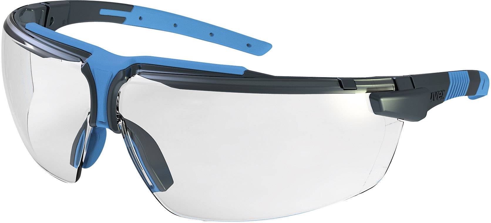 Eine Schutzbrille mit transparenten Gläsern und blau-schwarzen Rahmen, geeignet für Sicherheit bei handwerklichen Arbeiten.