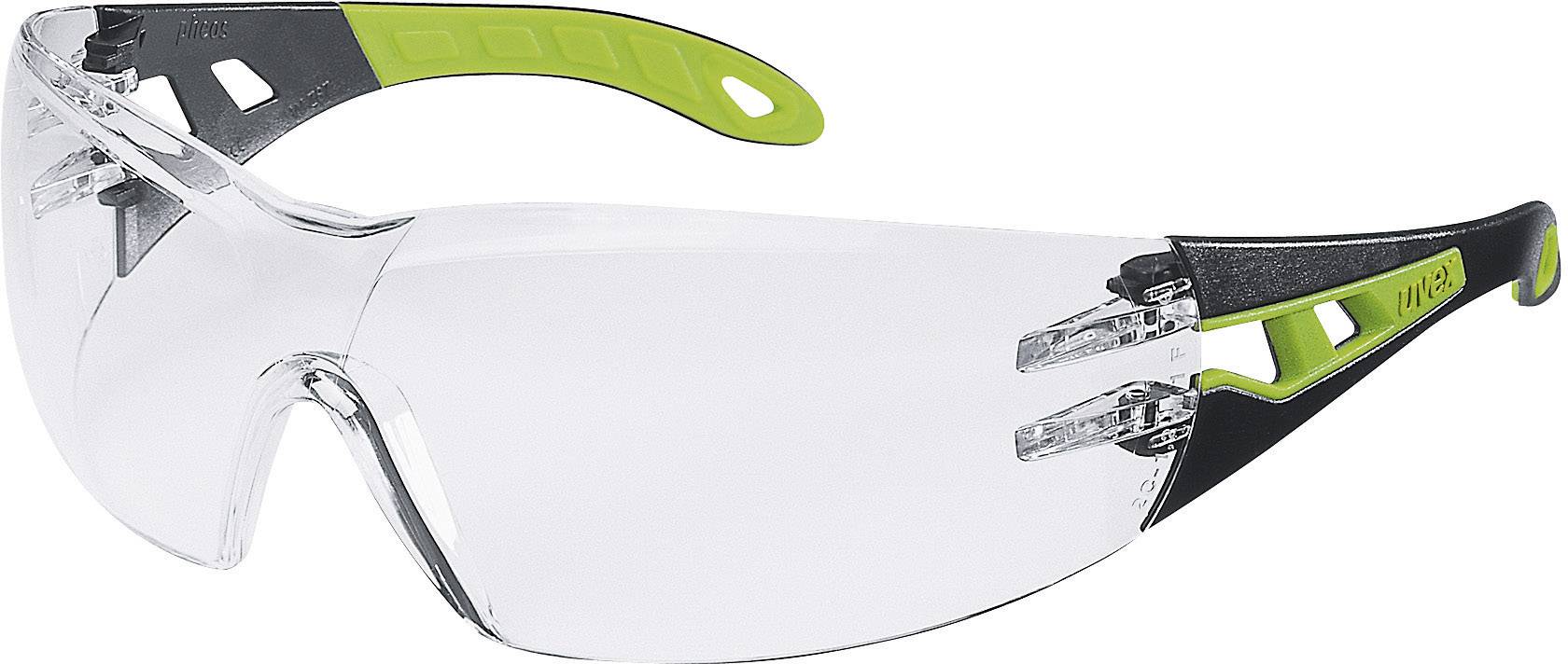 Schutzbrille mit transparenten Gläsern und grünen Akzenten. Geeignet für den Arbeitsschutz oder handwerkliche Tätigkeiten.