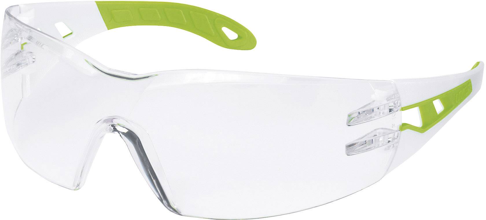 Schutzbrille mit transparenten Gläsern und grünen Bügeln, geeignet für Augen- und Gesichtsschutz bei handwerklichen Arbeiten.