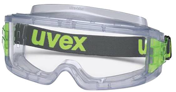Schutzbrille mit klarem Visier und schwarzem Band mit grünem 'uvex'-Schriftzug, bietet Augenschutz in industriellen Umgebungen.