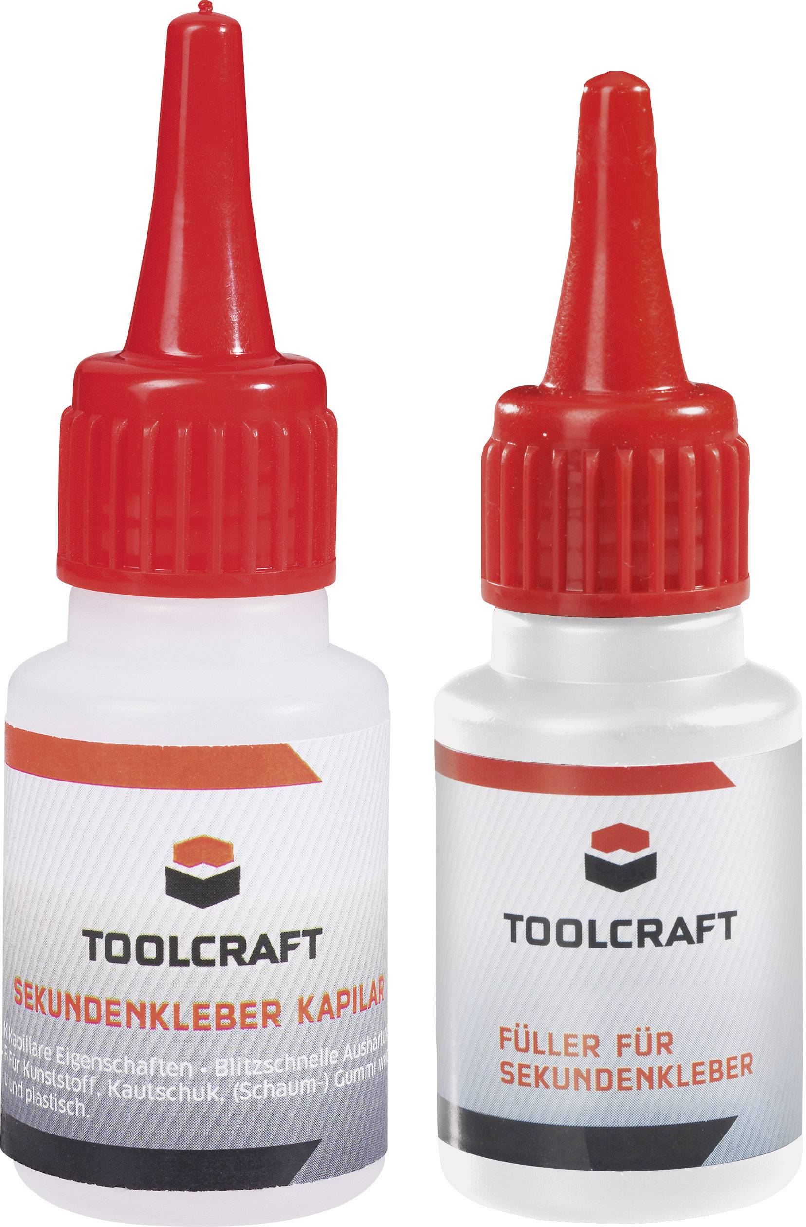 Zwei Flaschen mit rotem Verschluss von Toolcraft. Links: 'Sekundenkleber Kapillar', rechts: 'Füller für Sekundenkleber'.