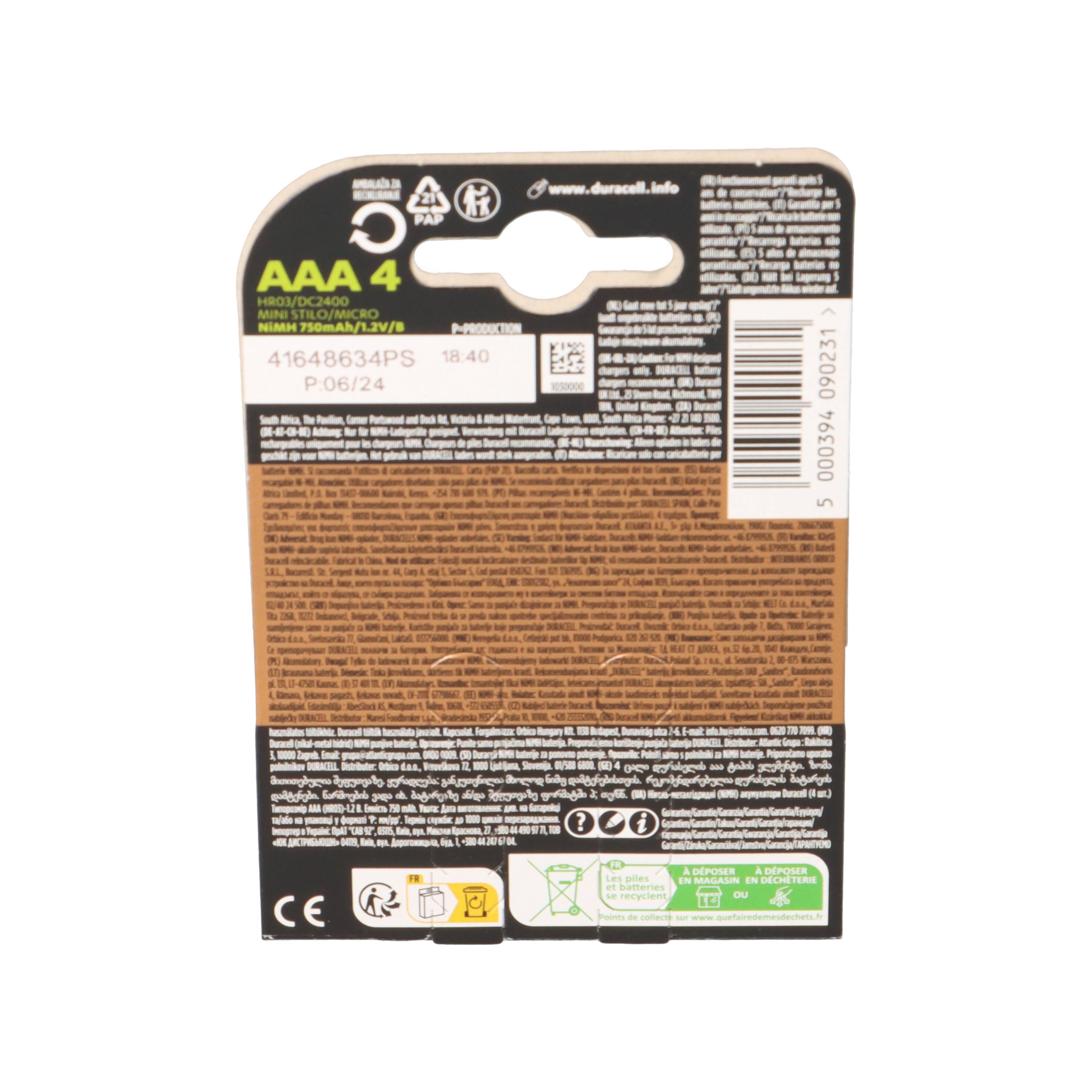 Duracell HR 03 AAA Akkus 750mAh 4er Set umweltfreundlich