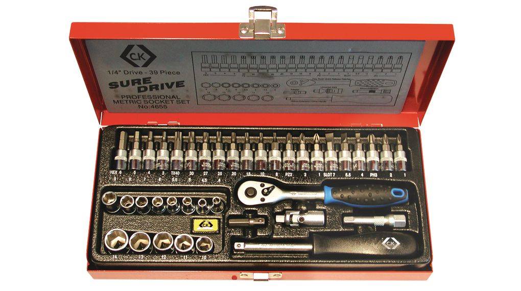 C.K Knarrensatz, metrisch, 39-teilig, aus Chrom-Vanadium Steckschlüsseleinsätze: 4-4,5-5-5,5-6-7-8-9-10-11-12-13-14mm