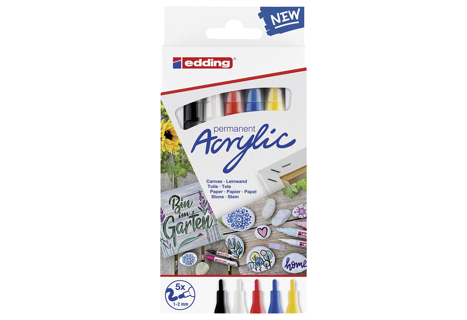 edding 5300 Acrylmarker Fein - mehrfarbiges 5er-Set - feine Spitze 1-2 mm - Acrylmalstifte zum