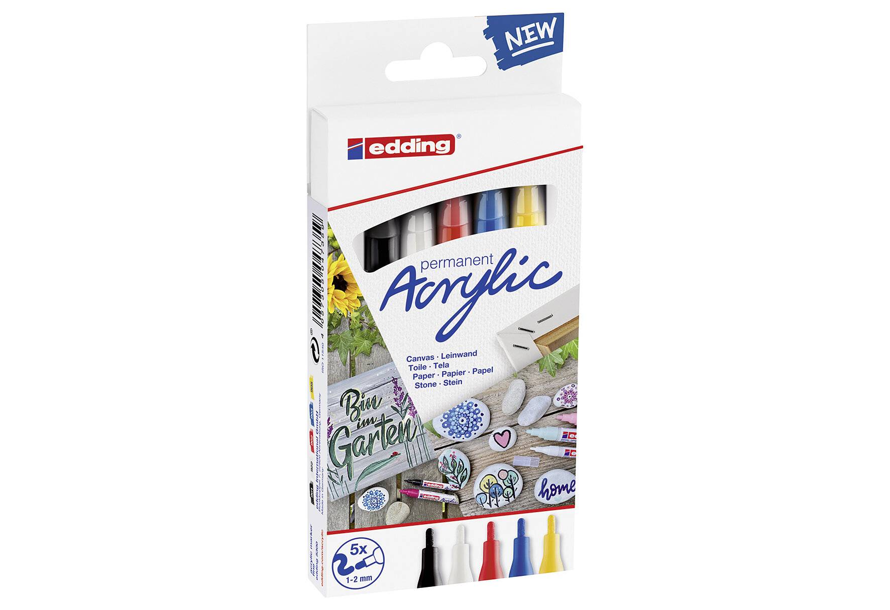 edding 5300 Acrylmarker Fein - mehrfarbiges 5er-Set - feine Spitze 1-2 mm - Acrylmalstifte zum