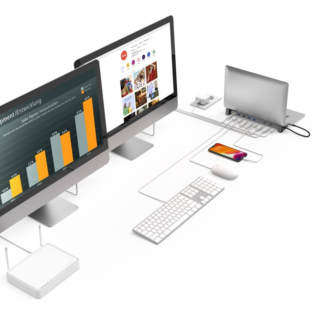 hama 00200145 USB-C-Docking-Station "Connect2Office Basic V2", Standfüße, 9 Ports