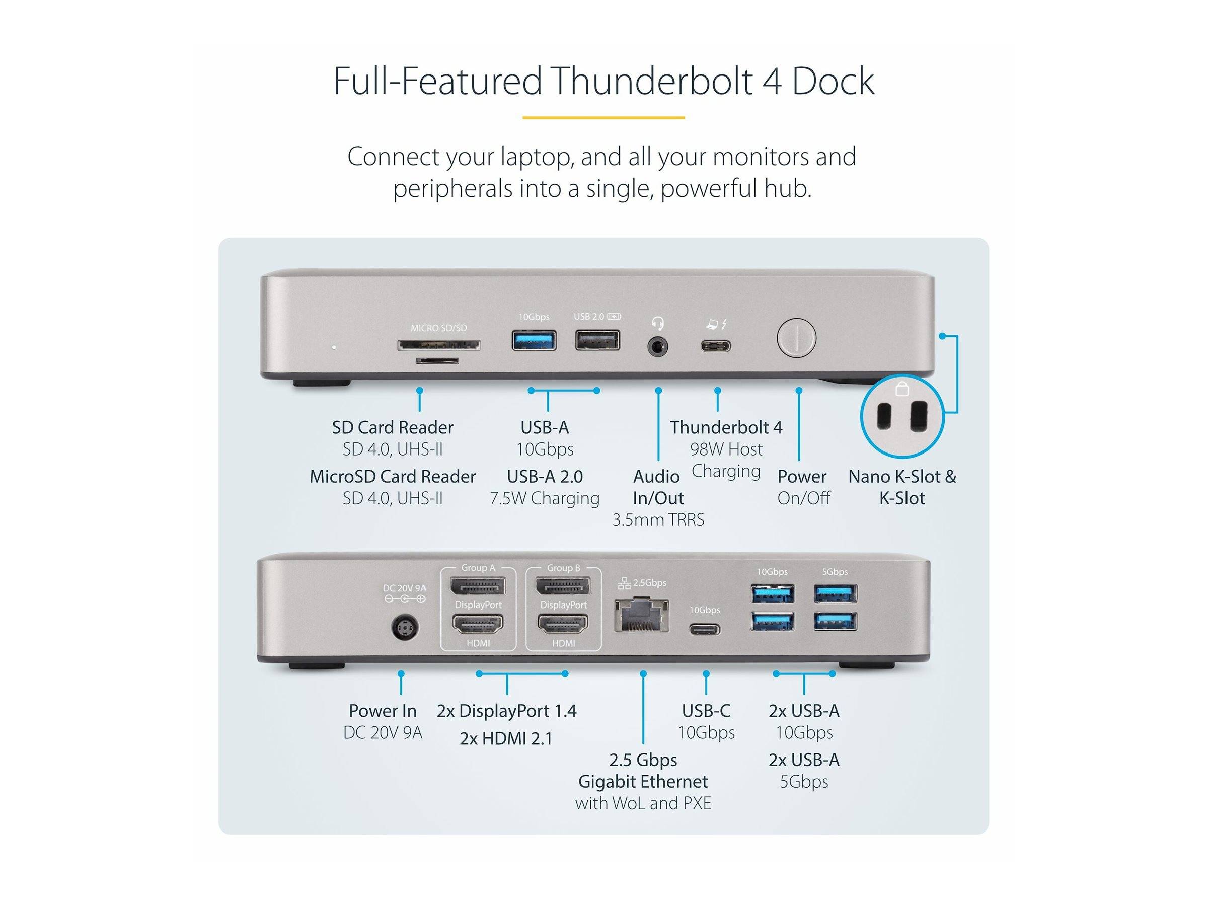 StarTech.com Thunderbolt 4 Multi-Display Docking Station, Quad/Triple/Dual Monitor Dock, 2x HDMI/2x DisplayPort, 7x USB