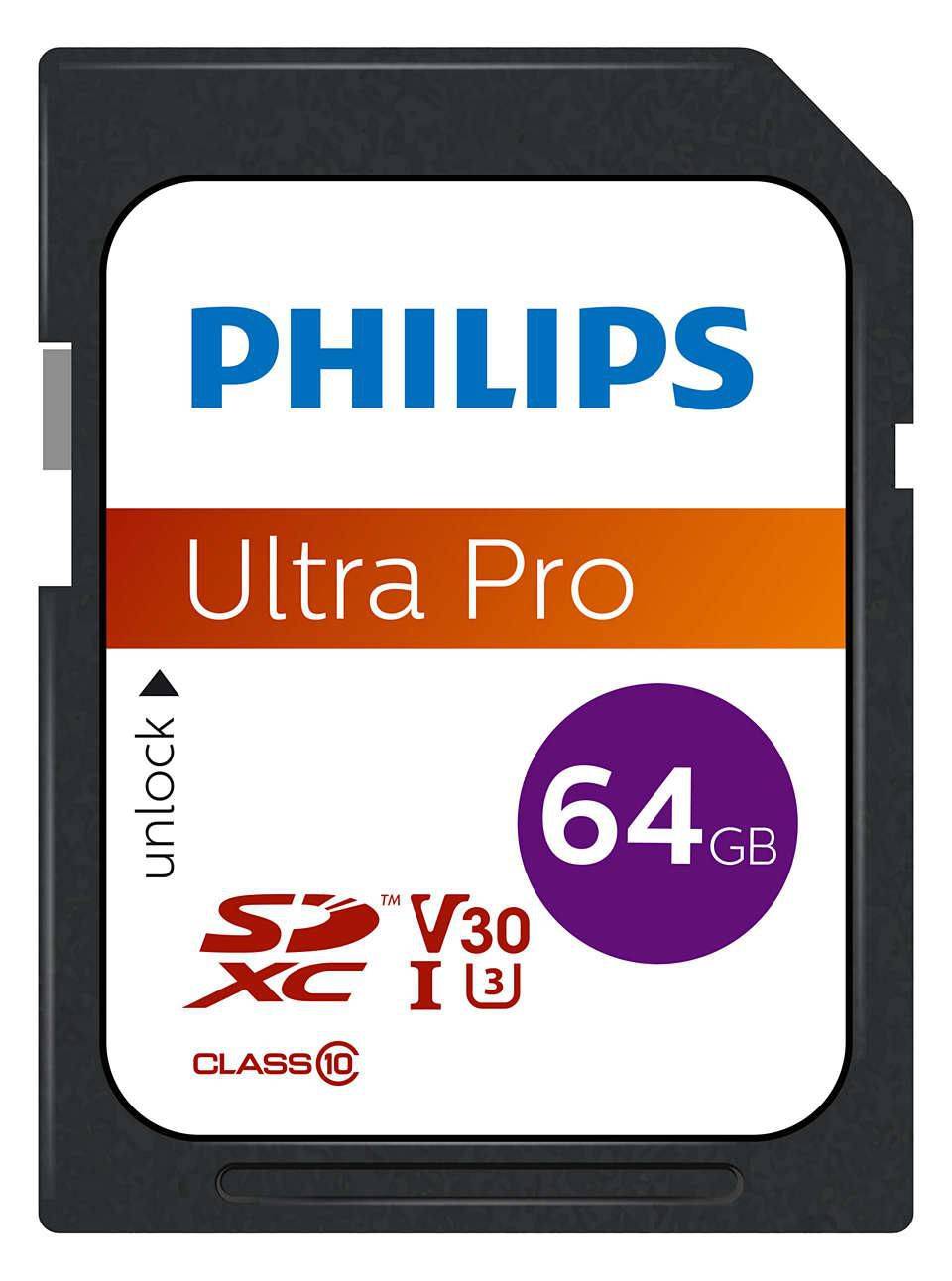 Philips SDXC Card 64 GB Class 10 UHS-I U3 V30 A1 Extended Capacity SD 64 GB