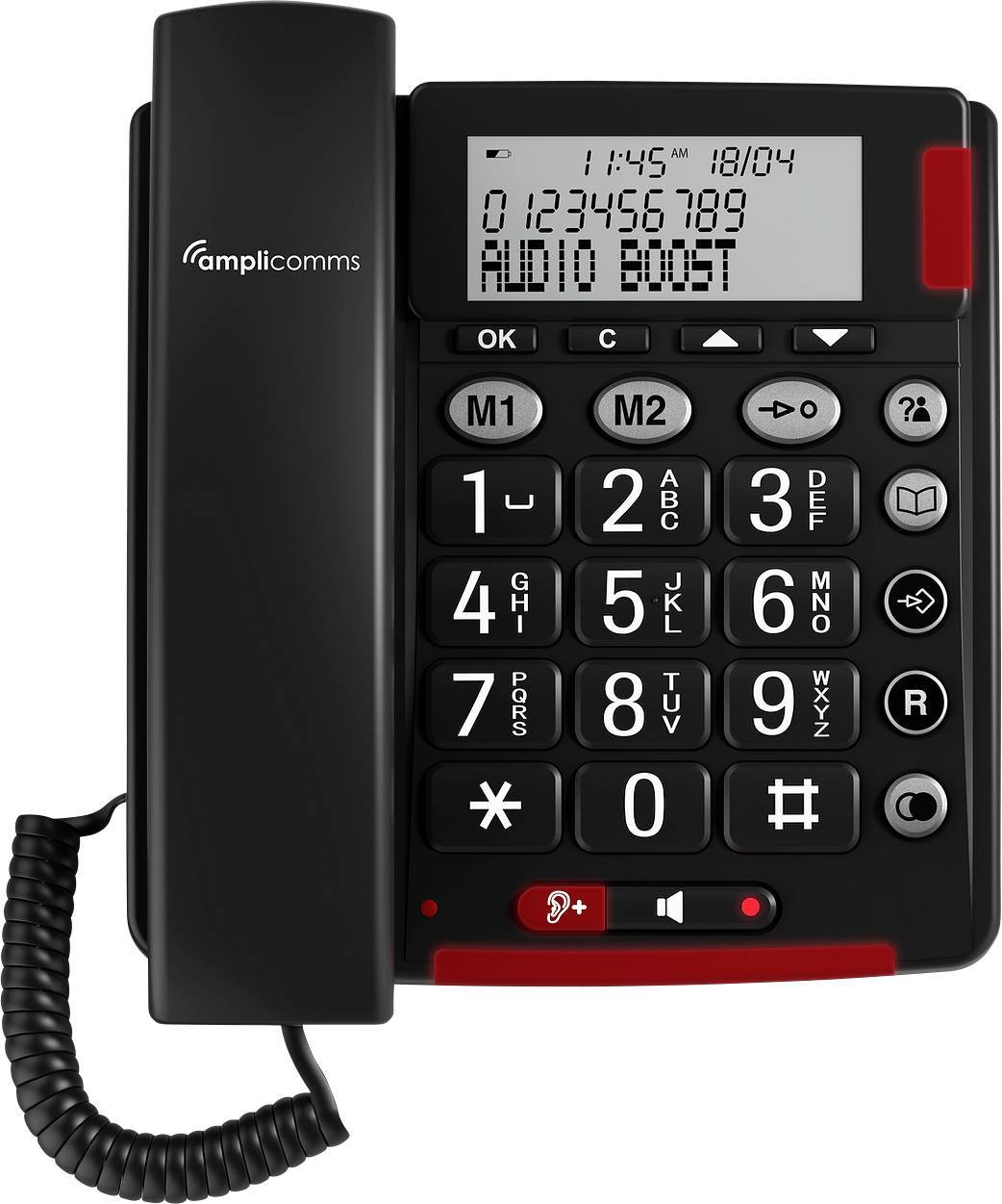 Amplicomms BigTel 48 Plus Schnurgebundenes Seniorentelefon Freisprechen, für Hörgeräte kompatibel, Wahlwiederholung LED-Display Schwarz