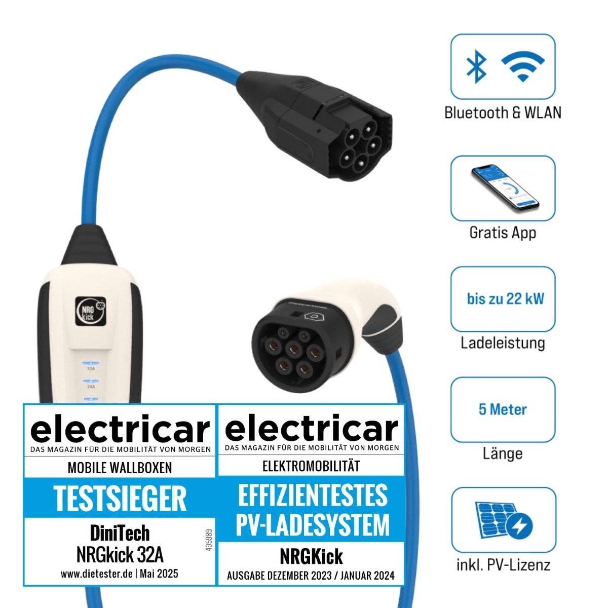 NRGkick Pure, Blau, Typ 2, Schwarz, Gerade, Gerade, IP67, IP69K