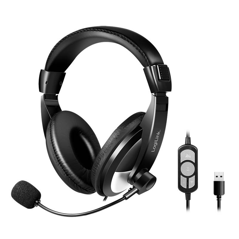 LogiLink Stereo-Headset mit Steuerung , 1x USB-A-Stecker, Bügelmikrofon, schwarz