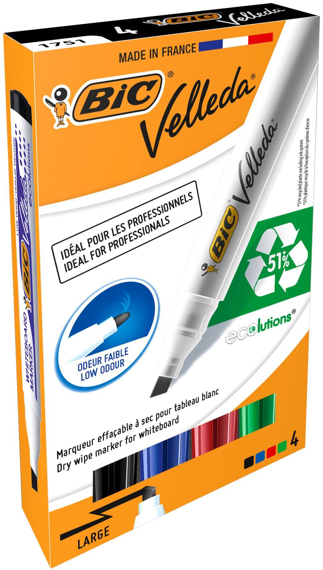 BIC Velleda Whiteboard Marker 1751 - 4 Stück(e) - Schwarz - Blau - Grün - Rot - Meißel - Schwarz - Blau - Grün - Rot - Weiß - Rund - Tinte auf Al
