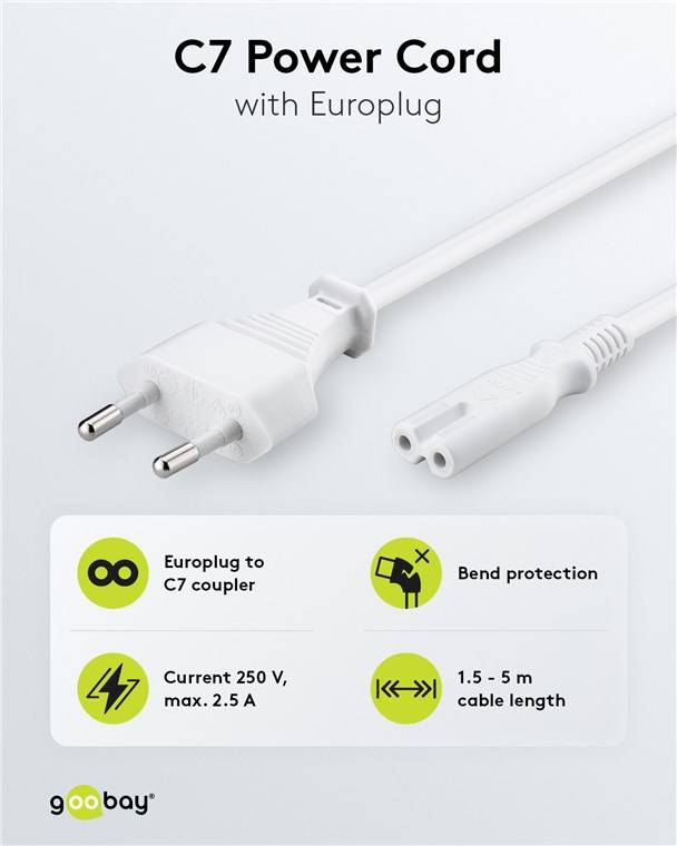 Goobay Anschlusskabel Eurostecker, 3 m, Weiß Eurostecker (Typ C, CEE 7/16) > Gerätebuchse C7 3 m