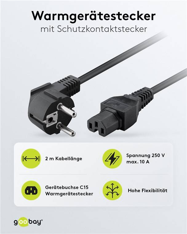 Goobay 93277 Warmgerätekabel mit C15 Buchse & Schutzkontaktstecker, Universelles Stromkabel, Netzkabel, Schwarz, 2.00 m
