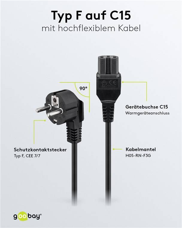 Goobay 93277 Warmgerätekabel mit C15 Buchse & Schutzkontaktstecker, Universelles Stromkabel, Netzkabel, Schwarz, 2.00 m