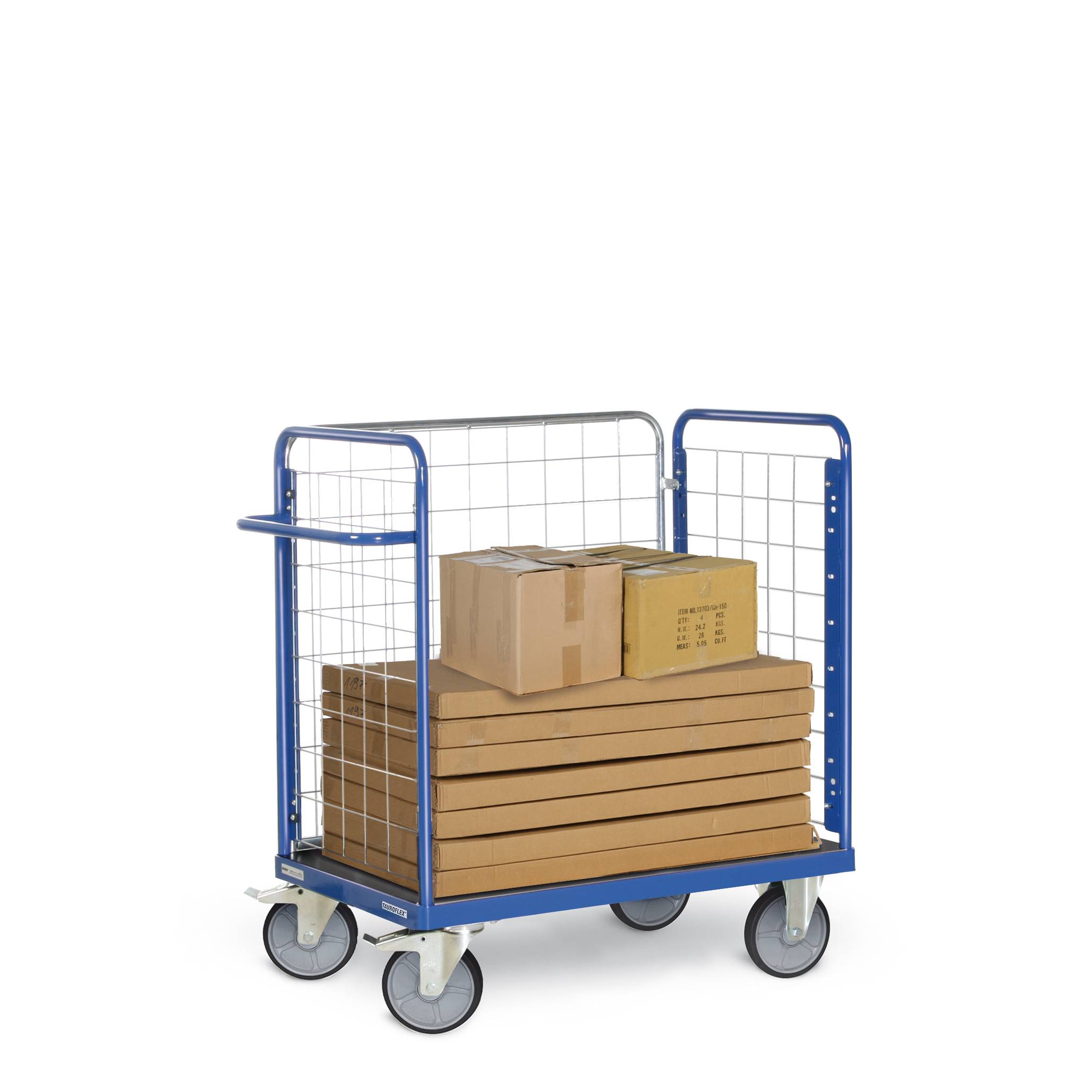 Paketwagen Tauroflex F6, Traglast 600 kg, Ladefläche 1000x600, 3 Gitterwände Höhe 1200 mm, RAL 5010