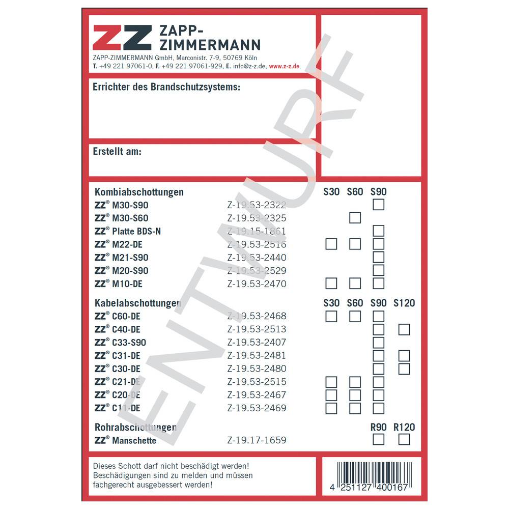 Zapp-Zimmermann Kennzeichnungsschild DE für Systeme nach abZ/aBG