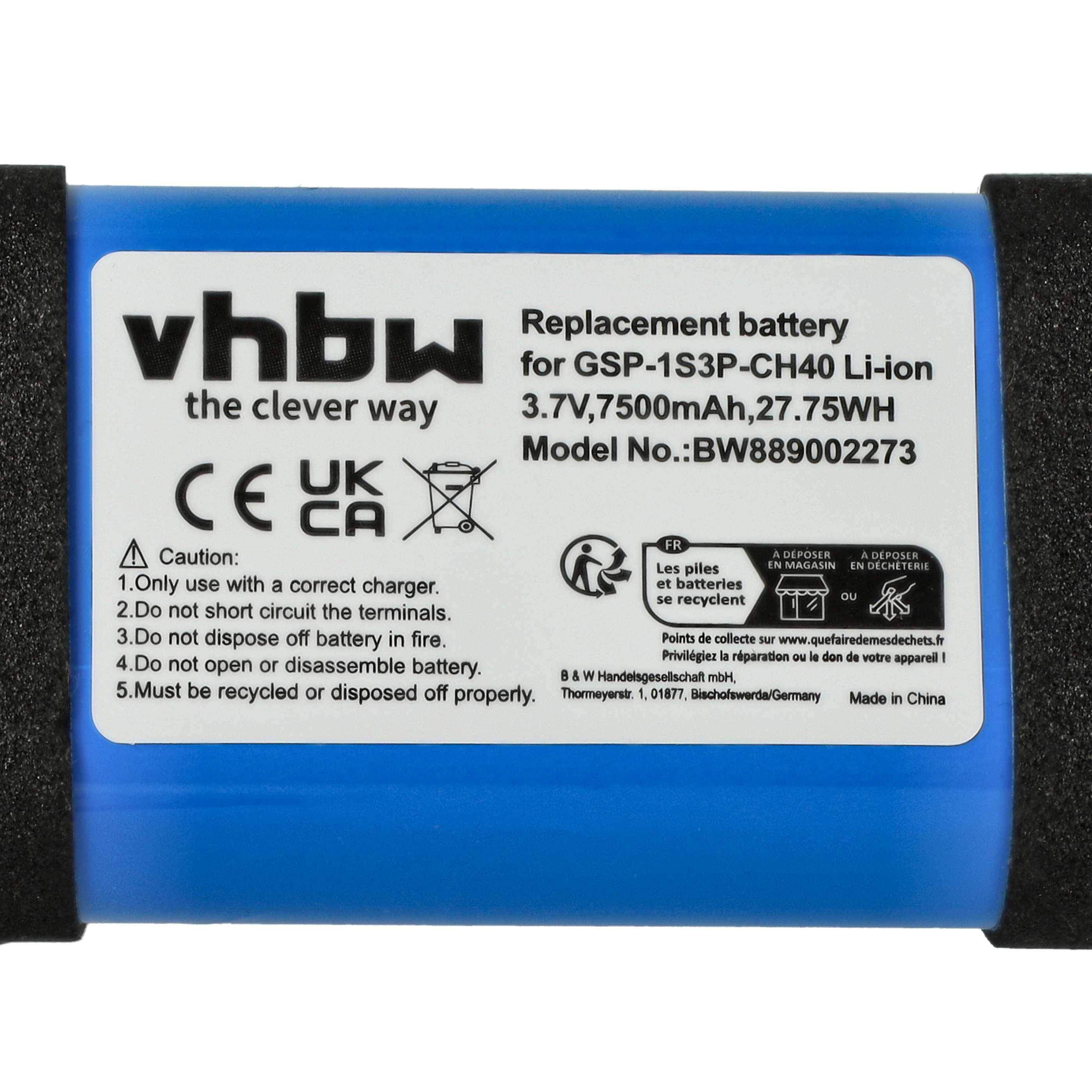 vhbw 1x Akku Ersatz für JBL GSP-1S3P-CH4A, 1AA011NA, GSP-1S3P-CH40 für Lautsprecher Boxen Speaker (7500 mAh, 3,7 V