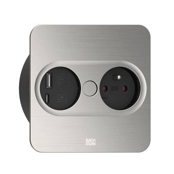 BACHMANN TWIST 2 1xUTE 1xUSB A/C 22W 2,0m AEH Edelstahl-Optik eckig